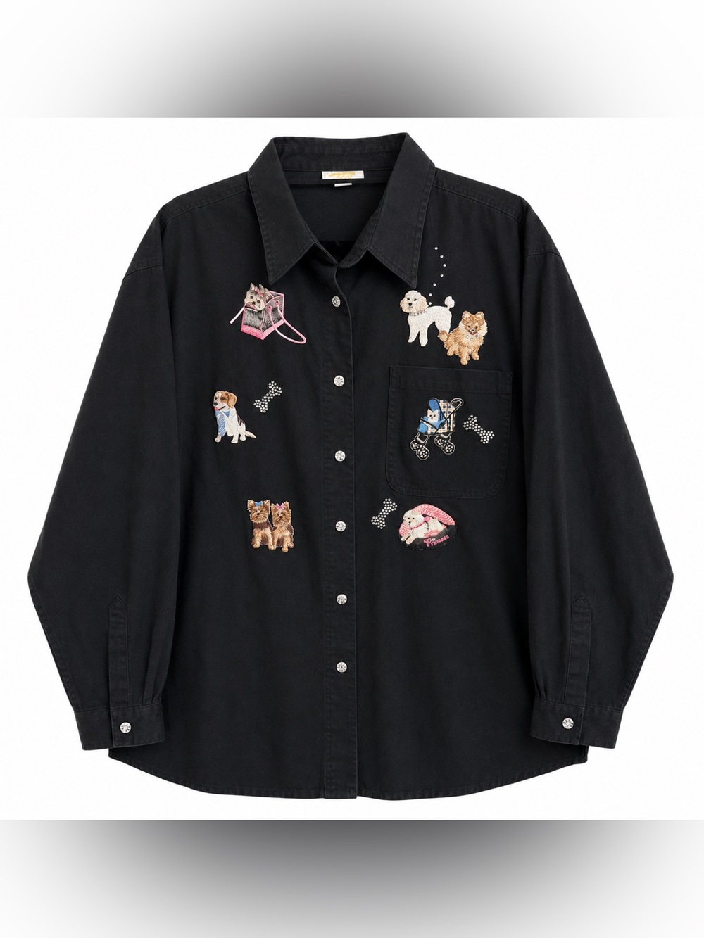 Tia Designs 2X Black Dog Pet Appliqué Rhinestone Button Down Shirt